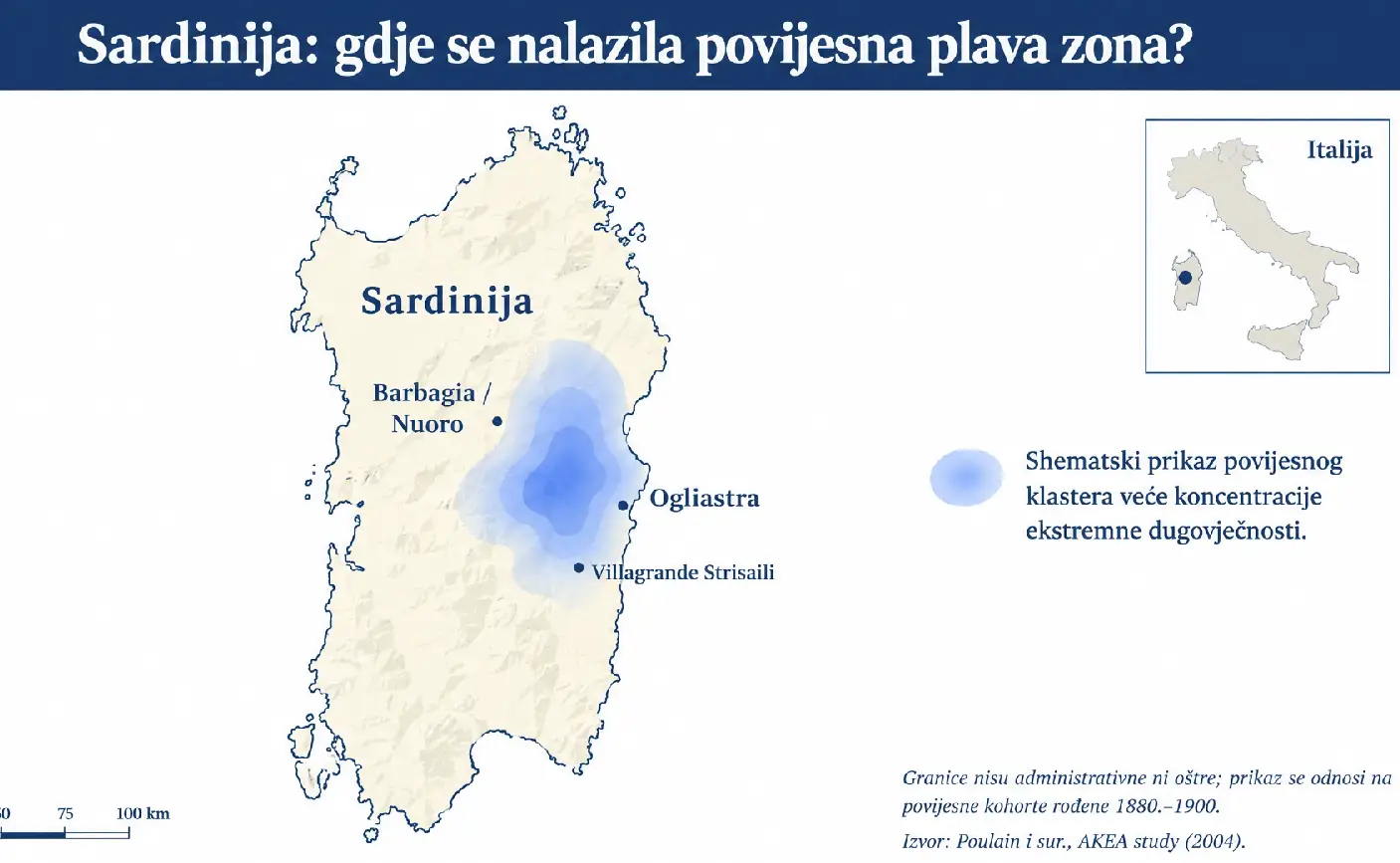 Shematska karta Sardinije s plavim područjem povijesnog klastera ekstremne dugovječnosti u središnjo-istočnoj unutrašnjosti.